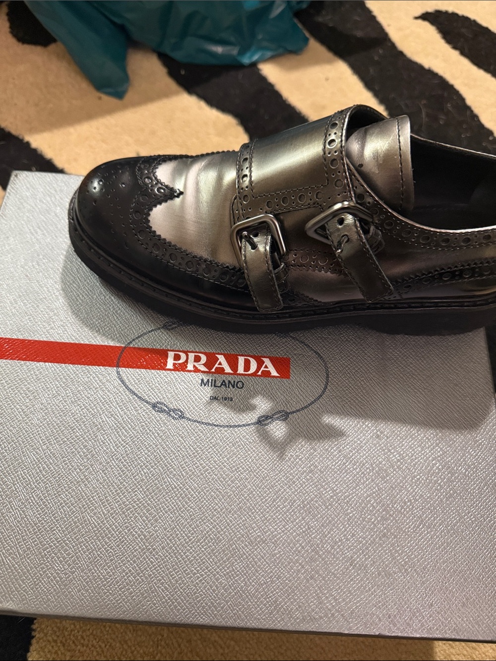 Prada Metallic Silver Double Monk Brogue Oxford